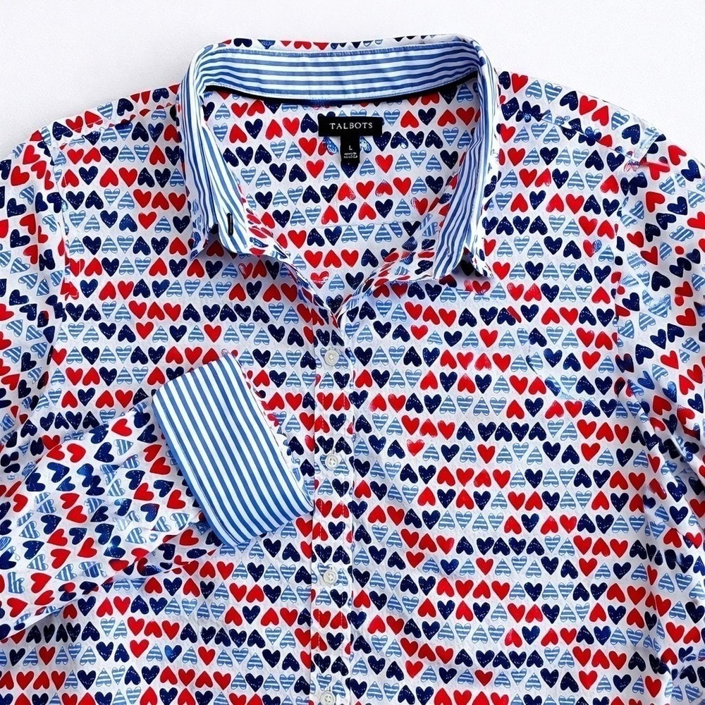 Talbots Happy Hearts Button Up Shirt Women L Red Navy Flip Cuffs Valentine NEW